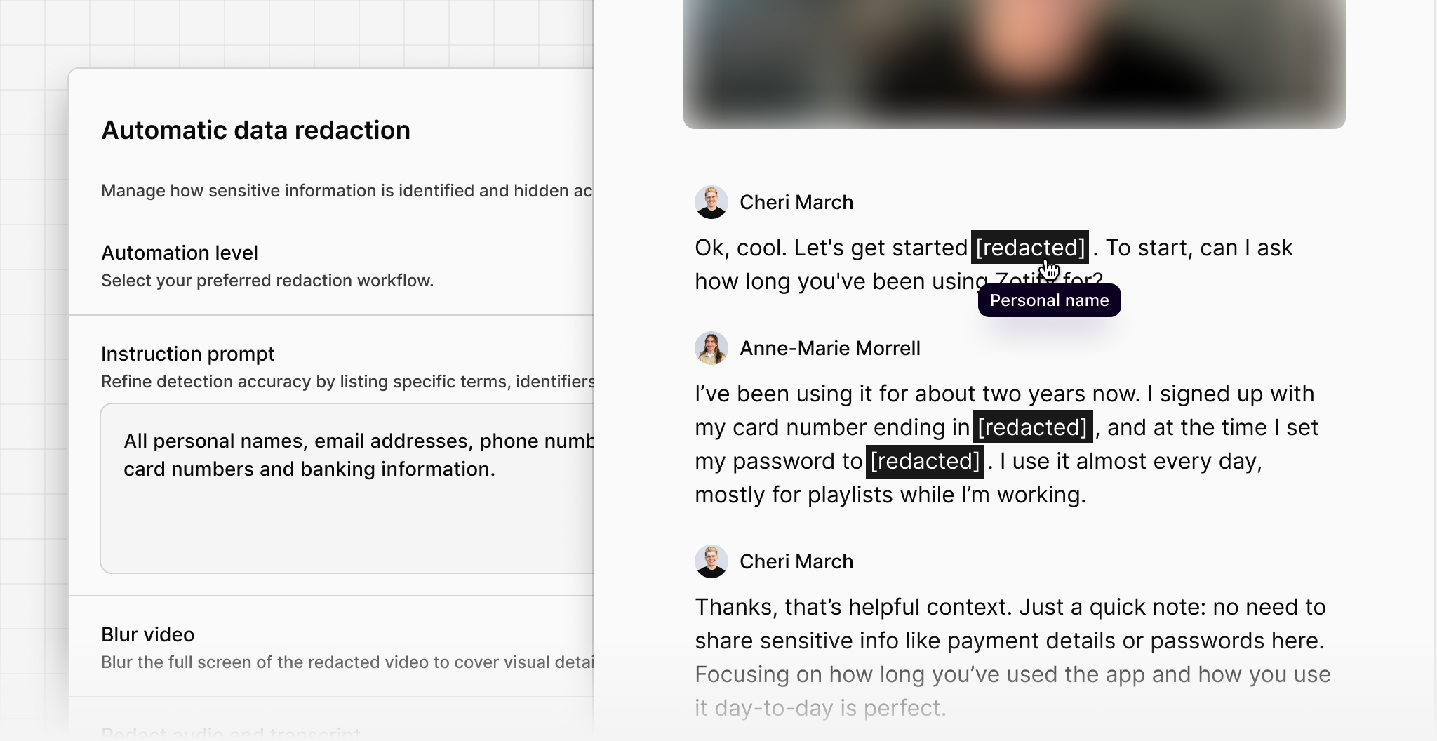 Automatic redaction in Projects and Channels