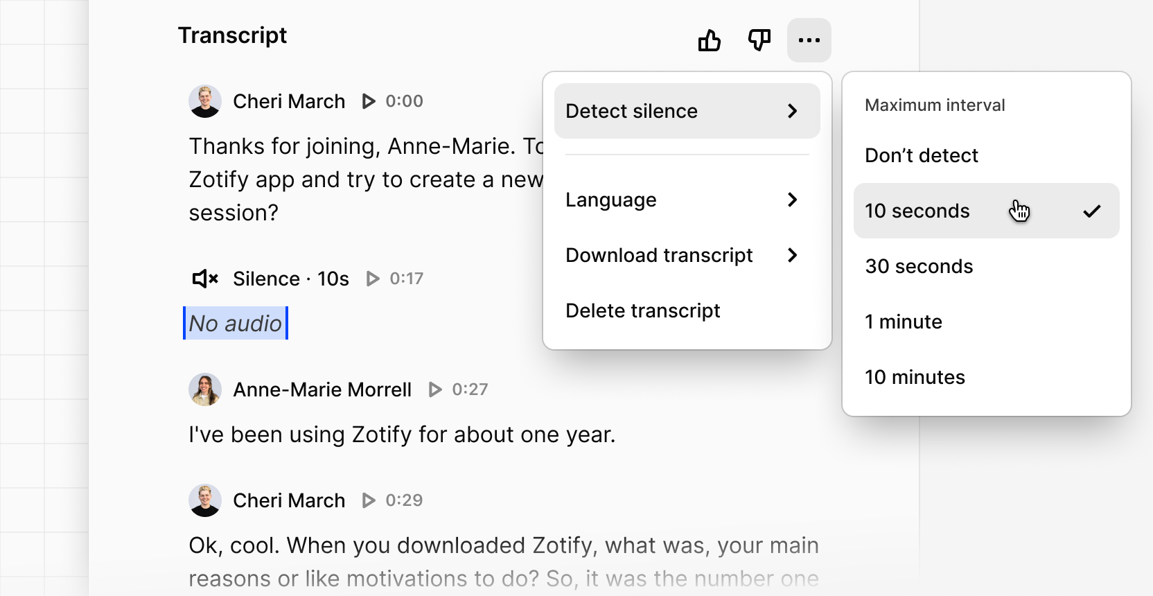 Highlight silence in video and audio transcripts